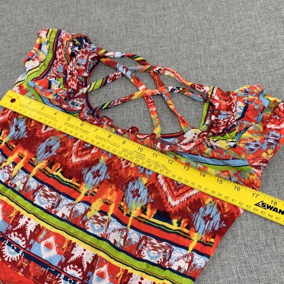 Belle Du Jour Multicolor Shirt Short Cap Sleeve Small Polyester Crisscross Back - Picture 8 of 14